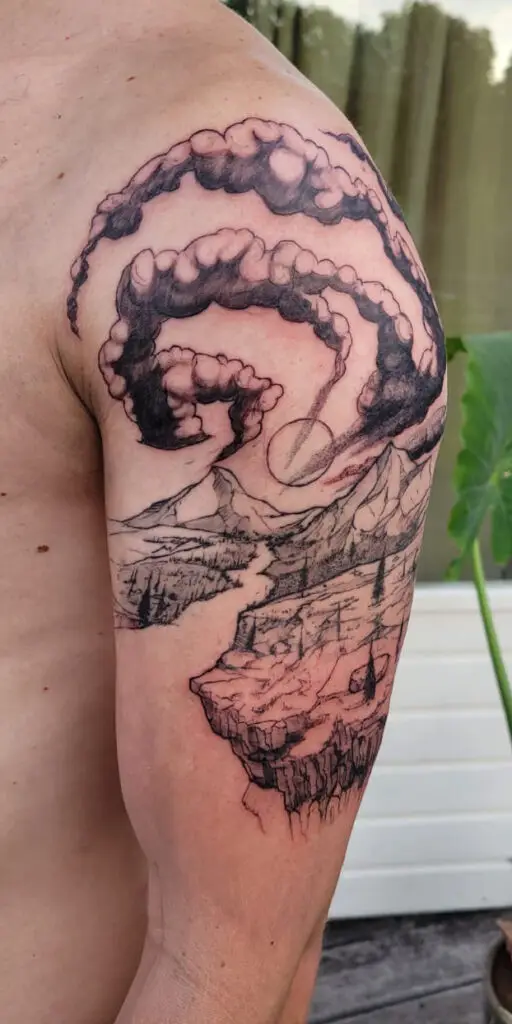 Bannerafbeelding met landschap-tattoo-ontwerp – Windii Ink