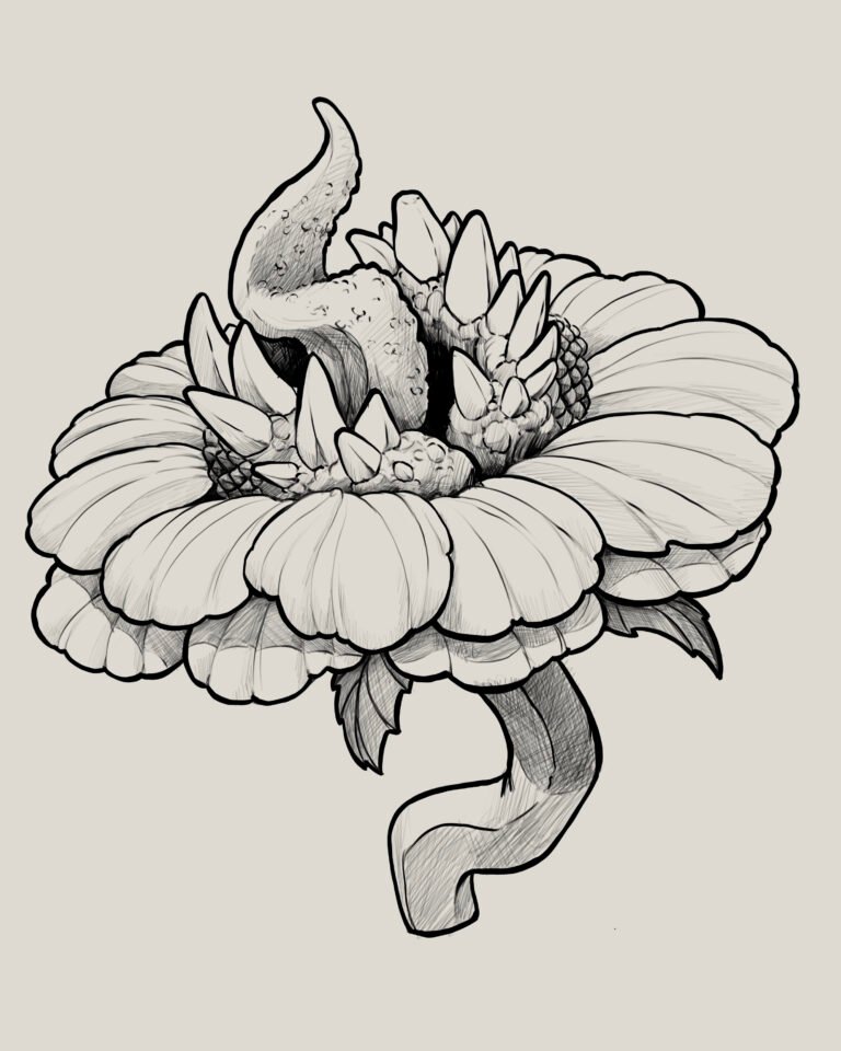 Handgetekend flash design van een bloemenmonster, token FD002 – Windii Ink