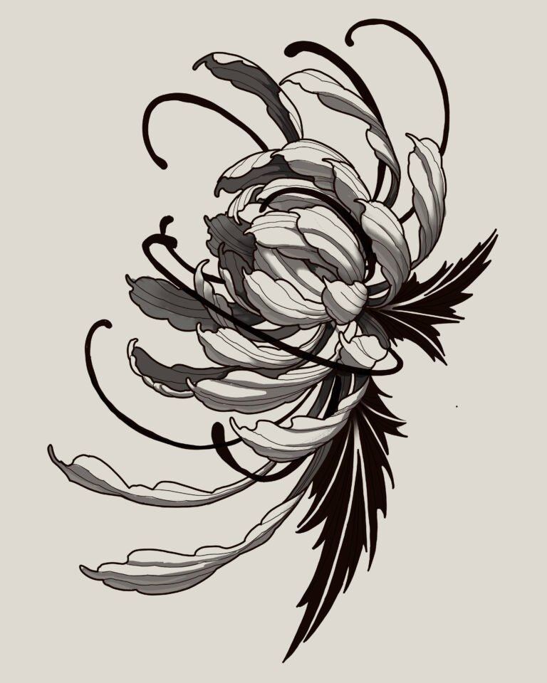 Handgetekend flash design van een chrysant, token FD001 – Windii Ink