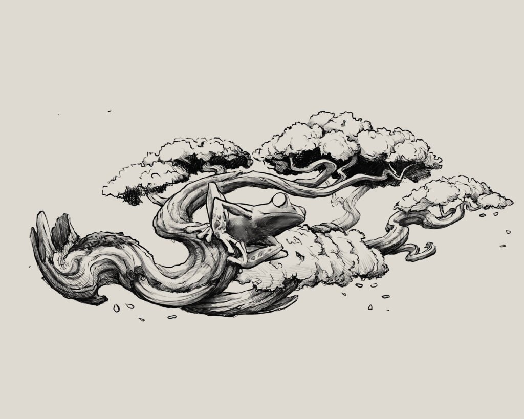 Handgetekend flash design van een kikker in bonsai, token FD003 – Windii Ink