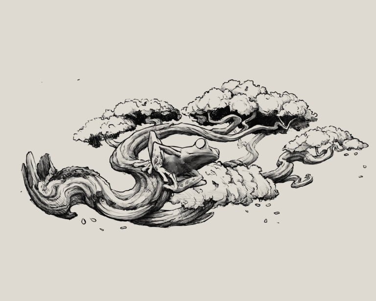 Handgetekend flash design van een kikker in bonsai, token FD003 – Windii Ink