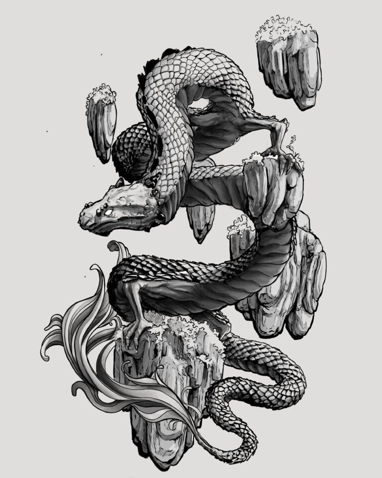 Handgetekend flash design van een slangdraak, token FD004 – Windii Ink