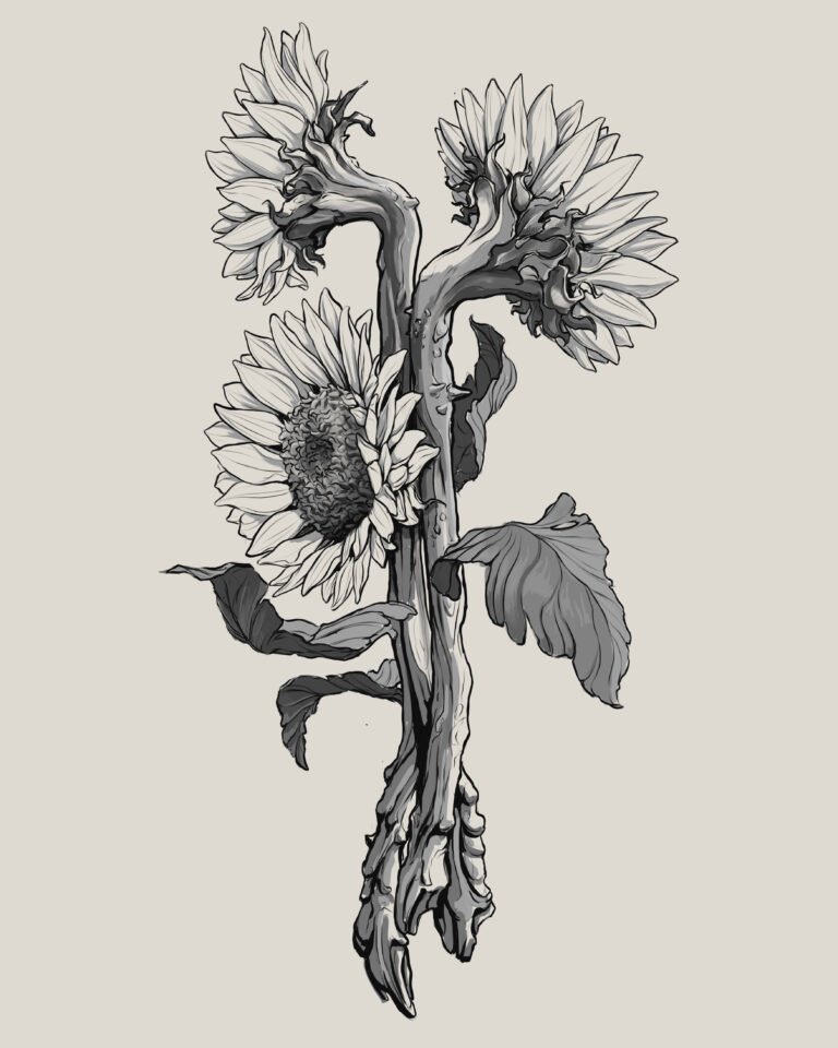Handgetekend flash design van zonnebloemen, token FD006 – Windii Ink